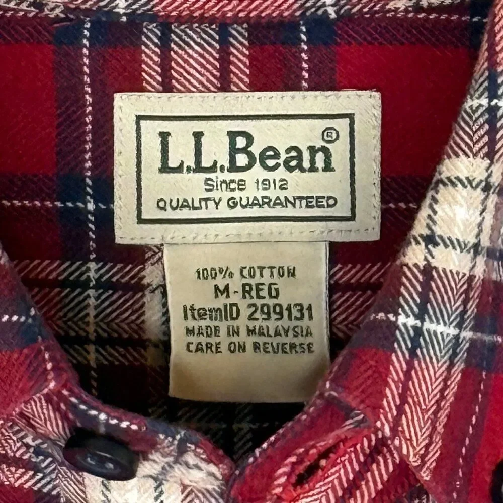 L.L. Bean Red White Blue Scotch Plaid Flannel Shirt Size Medium